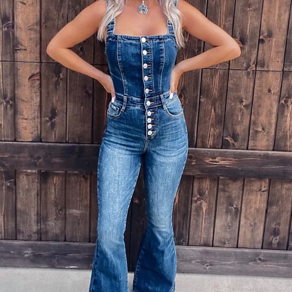 Denim Bell Bottom Overall Jumpsuit